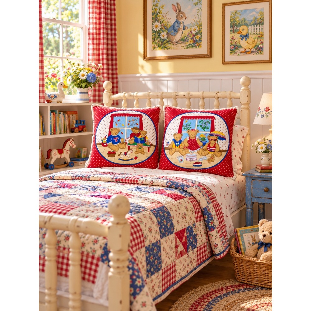 Vintage Teddy Bear Four Seasons Decorative Throw Pillows Set of 4 Red Polka Dot
